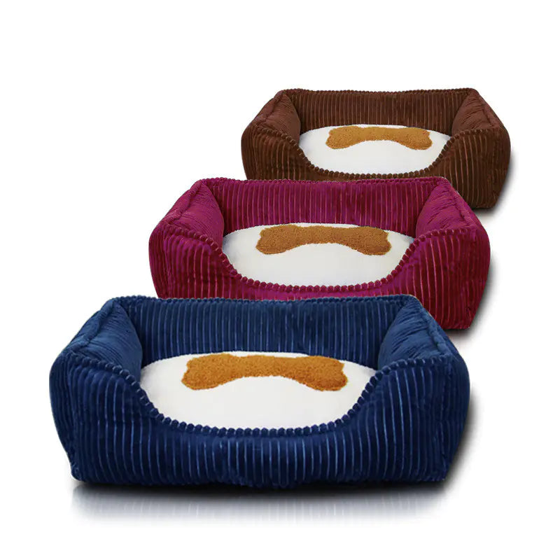 Panier d'hiver chien et chat Lavable Carré - Aspect velours & motif Os