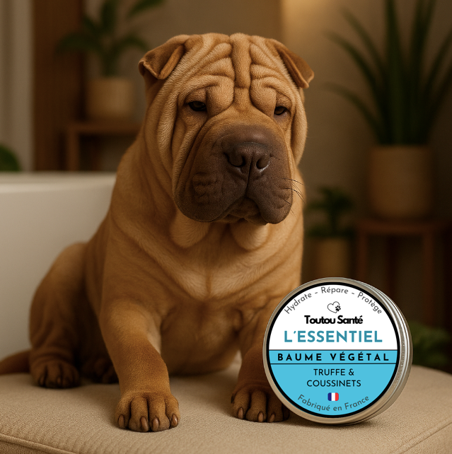 Shar-Pei marron assis sur un fauteuil beige dans un intérieur cosy, à côté d’un pot de baume végétal "L’Essentiel" de Toutou Santé, fabriqué en France pour protéger truffe et coussinets.
