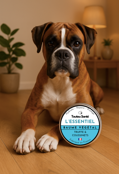 Boxer bringé allongé sur un sol en bois dans un salon chaleureux, avec un pot de baume "L’Essentiel" de Toutou Santé au premier plan, destiné à hydrater la truffe et les coussinets.