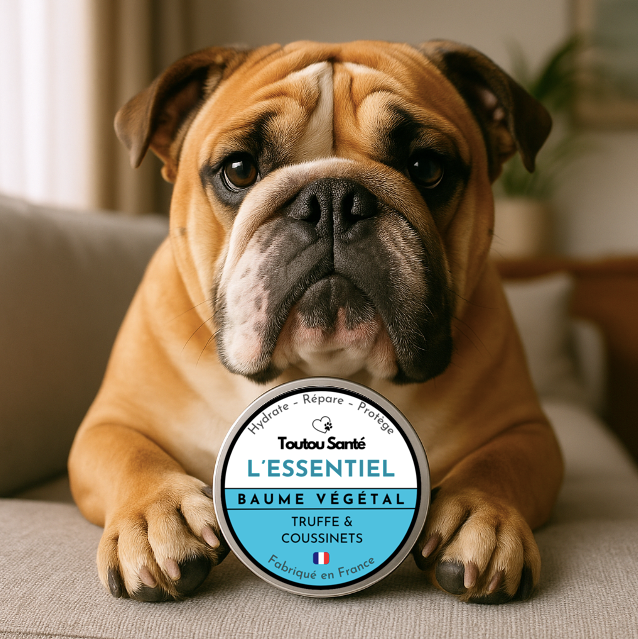 Bulldog anglais allongé sur un canapé à côté d’un pot de baume hydratant pour chiens "L’Essentiel" de Toutou Santé, soin naturel pour truffe et coussinets, fabriqué en France.