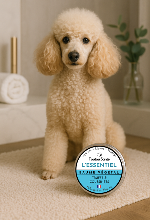Caniche crème assis sur un tapis moelleux dans une salle de bain zen, à côté du baume hydratant pour chiens "L’Essentiel" de Toutou Santé, soin naturel pour truffe et coussinets.