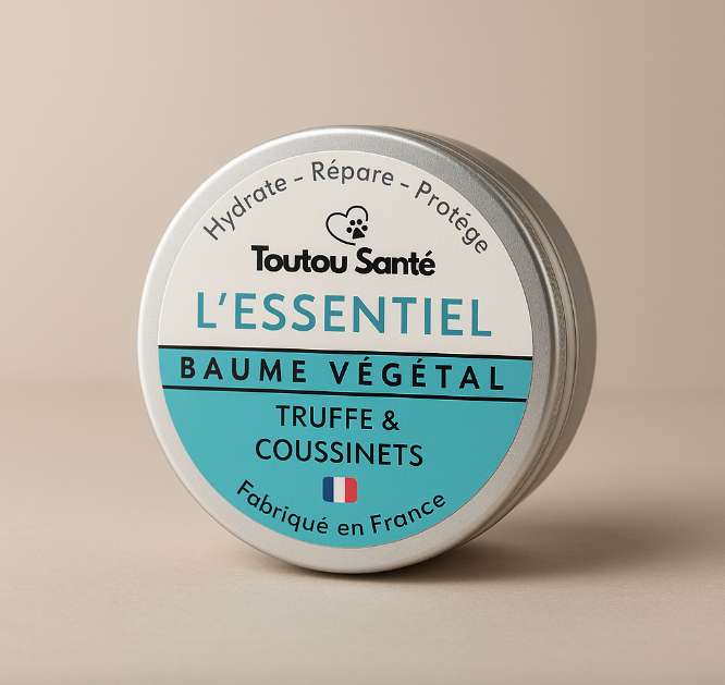 Photographie du baume "L'Essentiel" de Toutou Santé en pot aluminium avec étiquette turquoise, posé sur fond beige uni. Un visuel produit minimaliste et élégant, parfait pour une boutique e-commerce.
